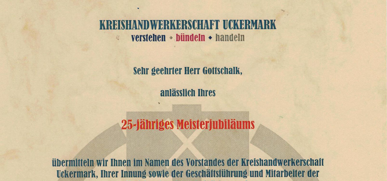 Urkunde anlässlich des 25-jährigen Meisterjubiläums