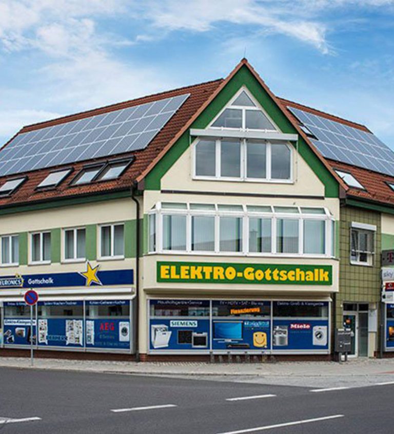 Außenansicht des Geschäftsgebäudes der Firma Elektro-Gottschalk in Prenzlau