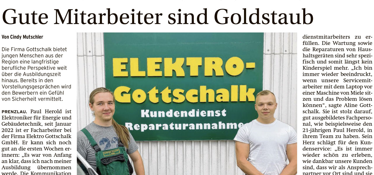Ausschnitt eines Zeitungsartikels mit dem Titel 'Gute Mitarbeiter sind Goldstaub'