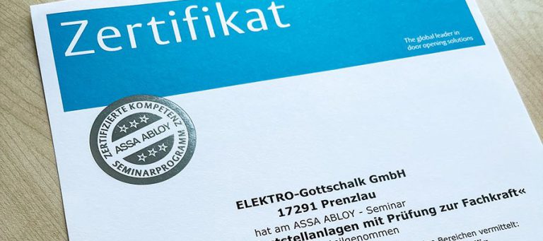 Zertifikat für Mitarbeiter der Firma Elektro-Gottschalk in Prenzlau