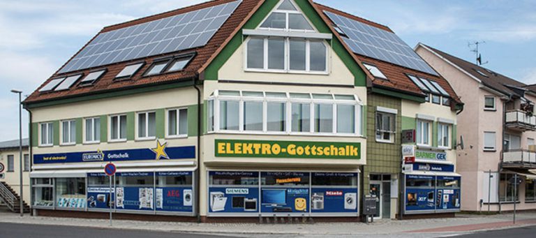 Außenansicht des Geschäftsgebäudes der Firma Elektro-Gottschalk in Prenzlau
