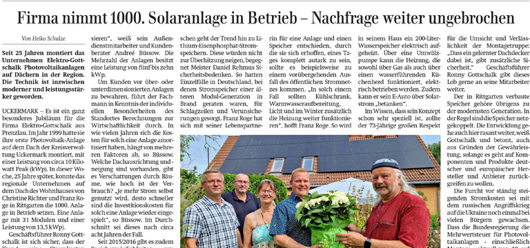 Firma nimmt 1000. Solaranlage in Betrieb – Nachfrage weiter ungebrochen